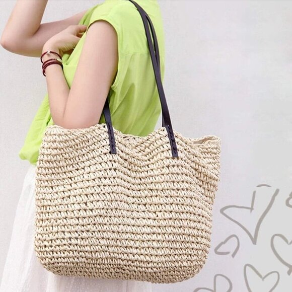 Women Straw Woven Tote Large Beach Handmade Weaving Shoulder Bag Purse Straw Han - Picture 2 of 5